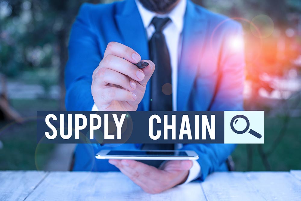 Runyoro chinyorwa Supply Chain.Conceptual photo network pakati pekambani nevashambadziri mukugadzira chigadzirwa Businessman anonongedzera nepeni munzvimbo isina chinhu